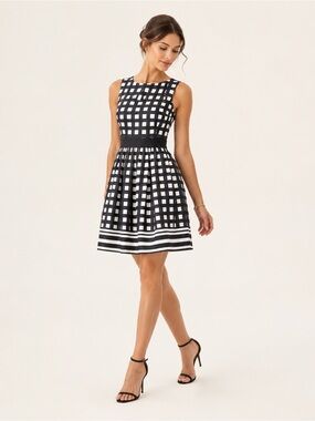 Eliza J Checkered Fit Flare Dress Black White Pink Lining 8